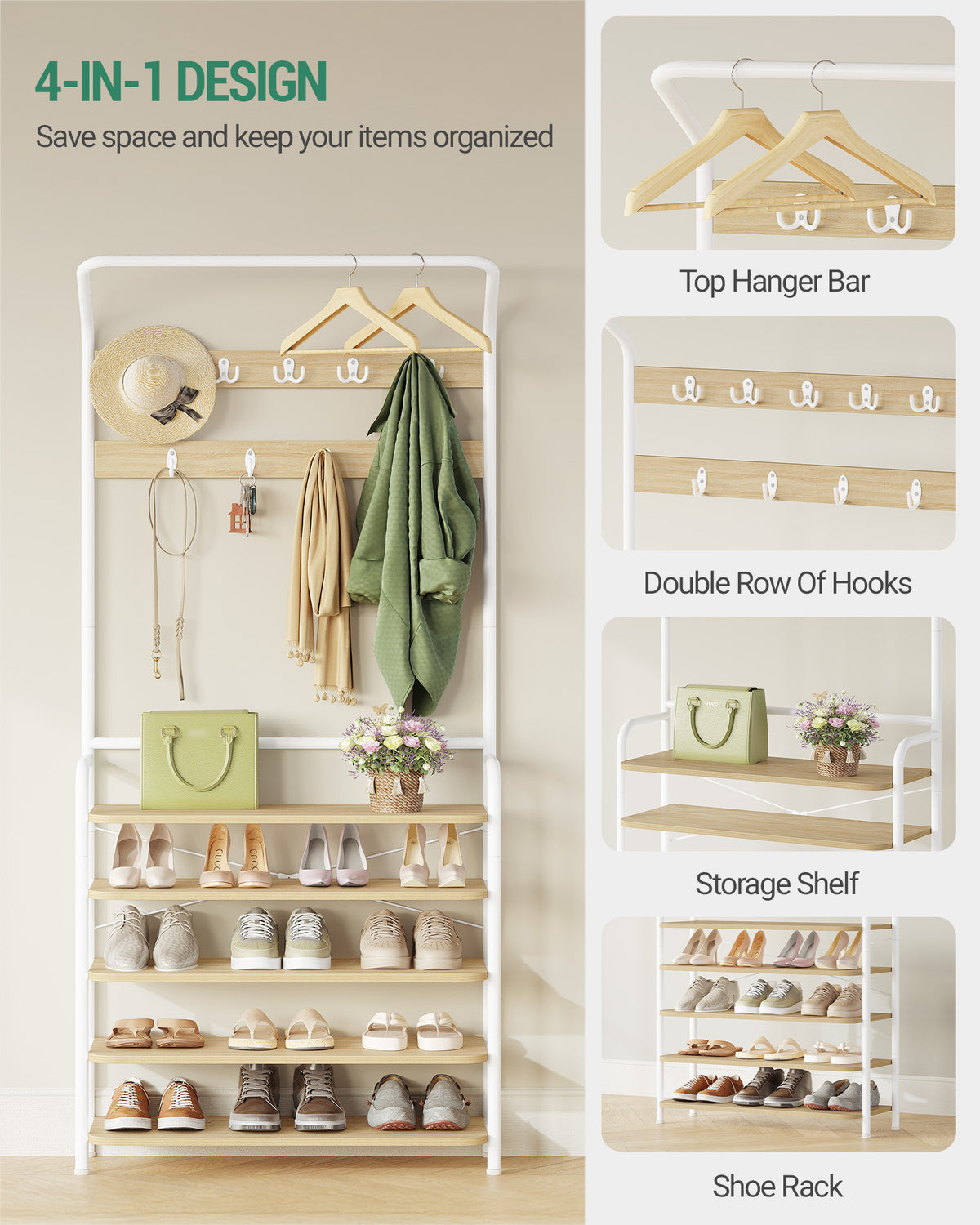 joyunite Coat Rack, Wardrobe with 5 Shelves, 1 Clothes Rail, 9 Hooks, Adjustable, Freestanding Clothes Rack for Hallway, Entrance, 30 x 78.5 x 195 cm, Oak-White, HT19016W