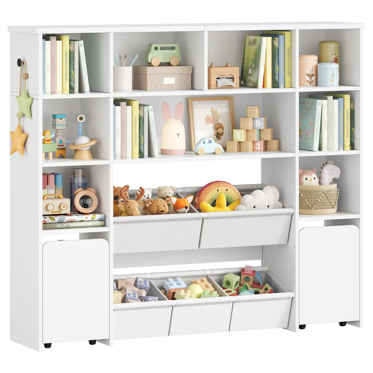 joyunite Children's Shelf with 2 Rollable Storage Boxes, 4-Tier Bookcase, Children's Bookcase, Toy Shelf, Bookcase for Children's Room, Living Room, White, 30 x 140 x 120 cm KB75203W
