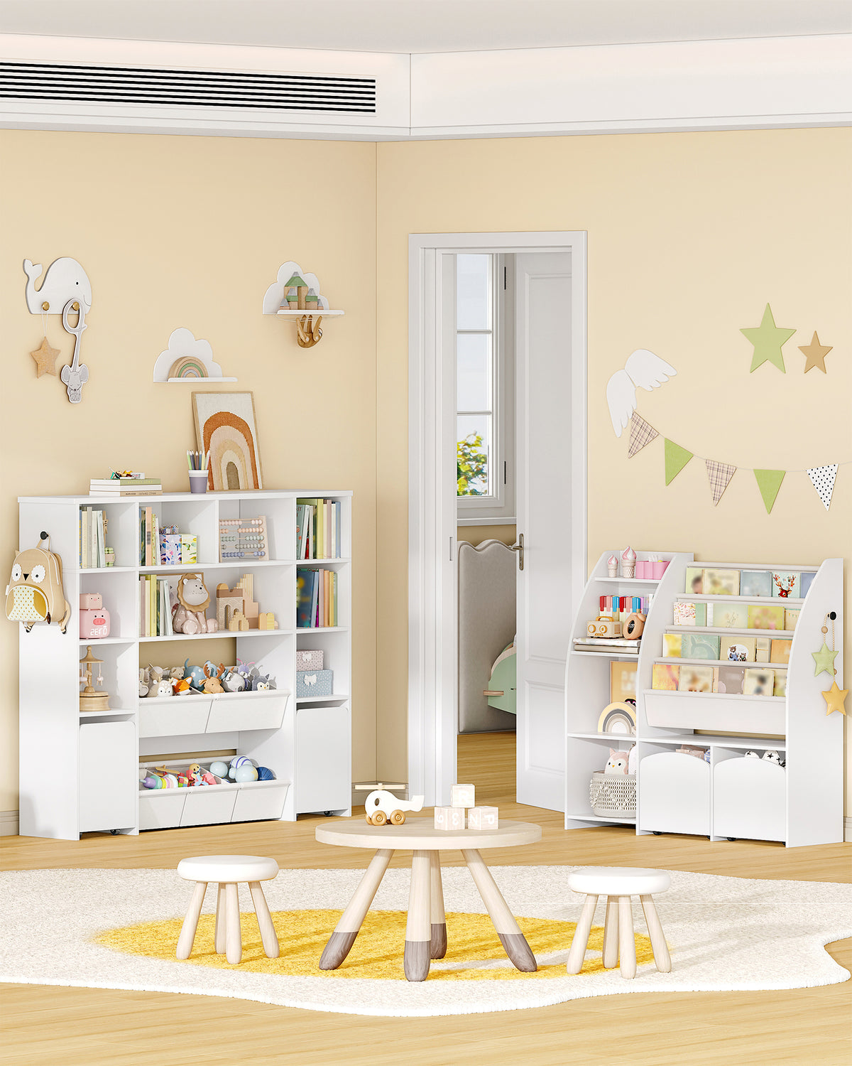 joyunite Children's Shelf with 2 Rollable Storage Boxes, 4-Tier Bookcase, Children's Bookcase, Toy Shelf, Bookcase for Children's Room, Living Room, White, 30 x 140 x 120 cm KB75203W