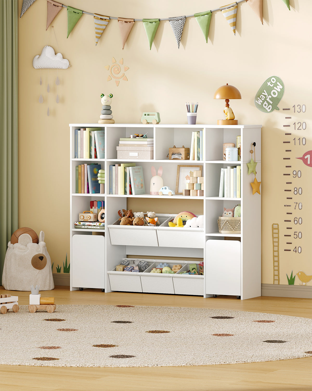 joyunite Children's Shelf with 2 Rollable Storage Boxes, 4-Tier Bookcase, Children's Bookcase, Toy Shelf, Bookcase for Children's Room, Living Room, White, 30 x 140 x 120 cm KB75203W