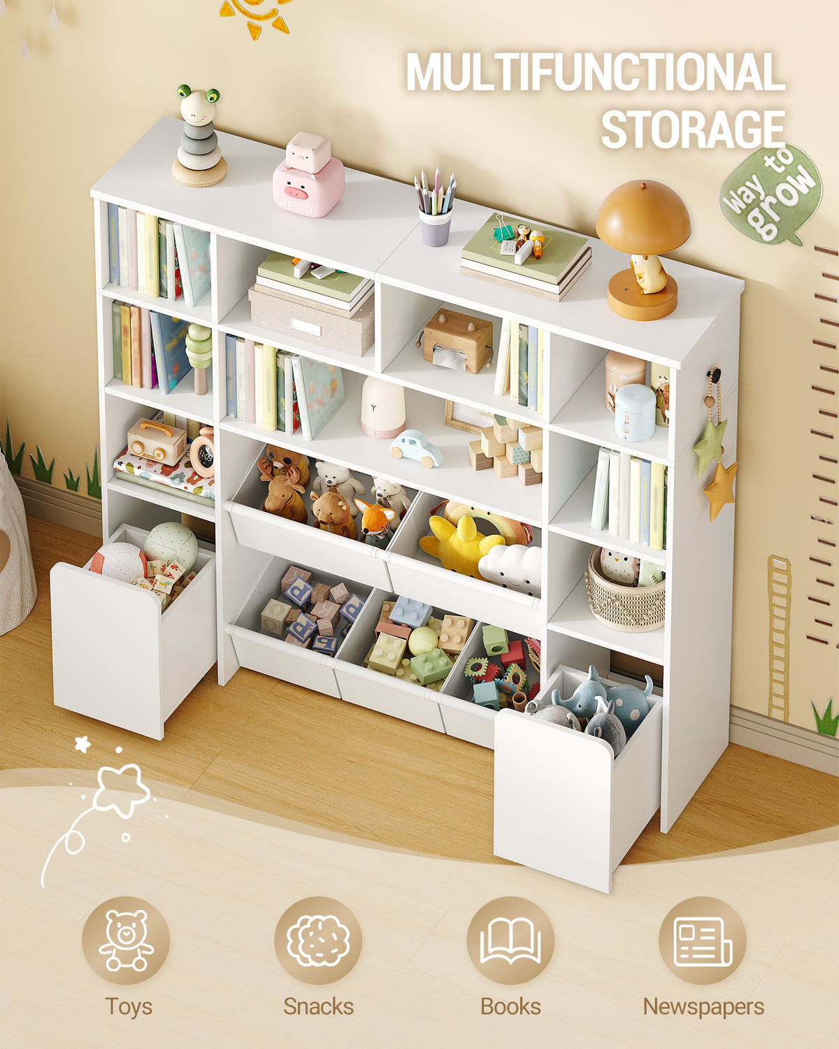 joyunite Children's Shelf with 2 Rollable Storage Boxes, 4-Tier Bookcase, Children's Bookcase, Toy Shelf, Bookcase for Children's Room, Living Room, White, 30 x 140 x 120 cm KB75203W