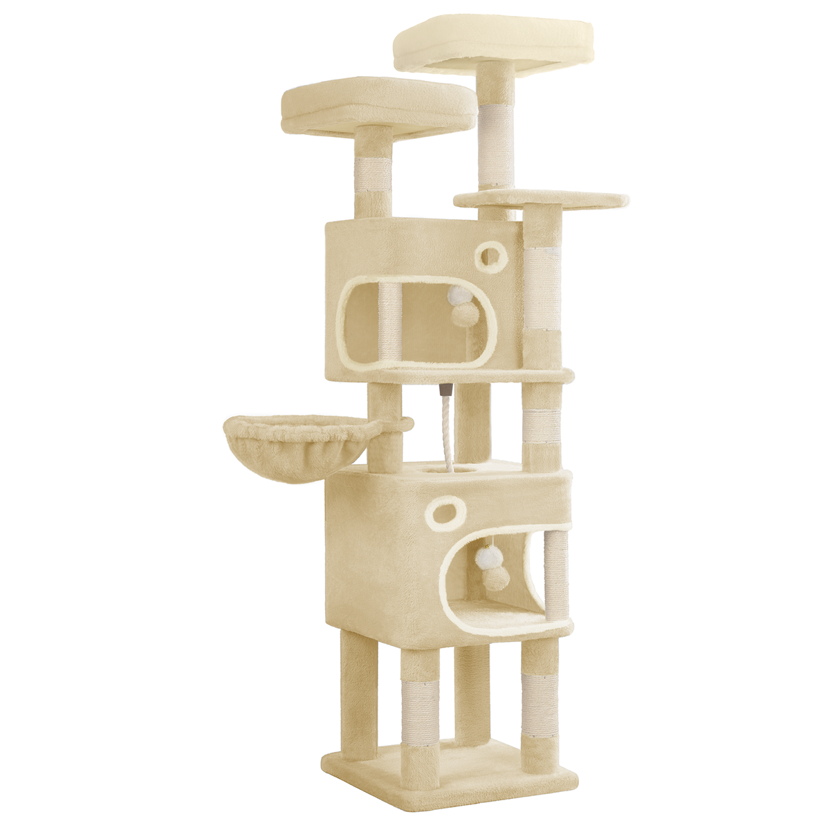 joyunite Cat Tree, 159 cm with 8 Scratching Posts, Beige with 3 Platforms, 2 Caves, Basket, Plush Balls, Sisal Rope, Suitable for Cats of Various Sizes, MS15918YL