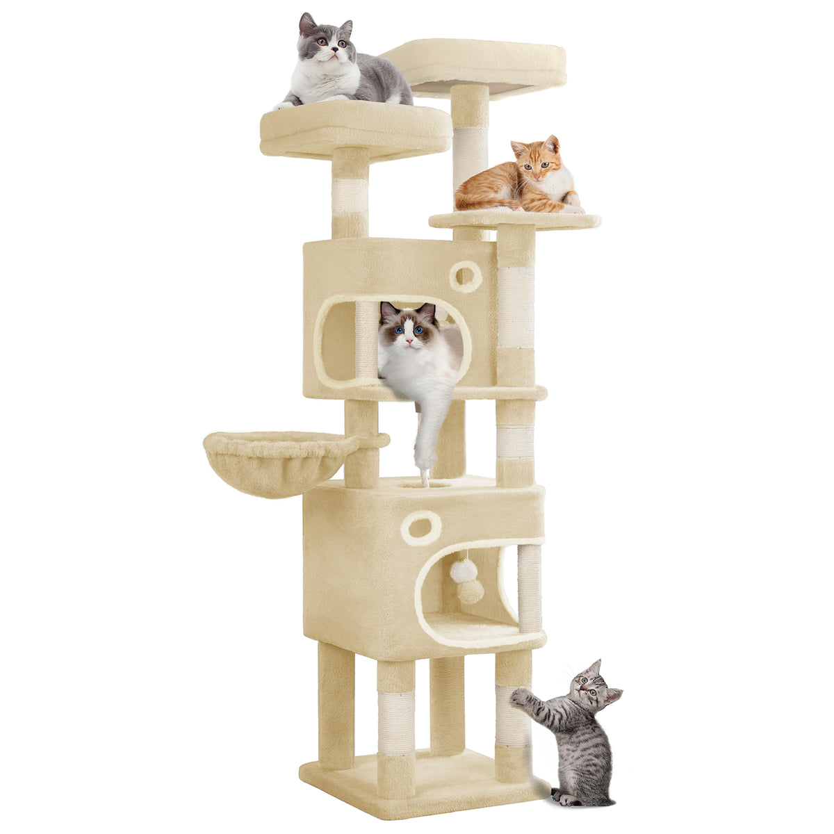 joyunite Cat Tree, 159 cm with 8 Scratching Posts, Beige with 3 Platforms, 2 Caves, Basket, Plush Balls, Sisal Rope, Suitable for Cats of Various Sizes, MS15918YL