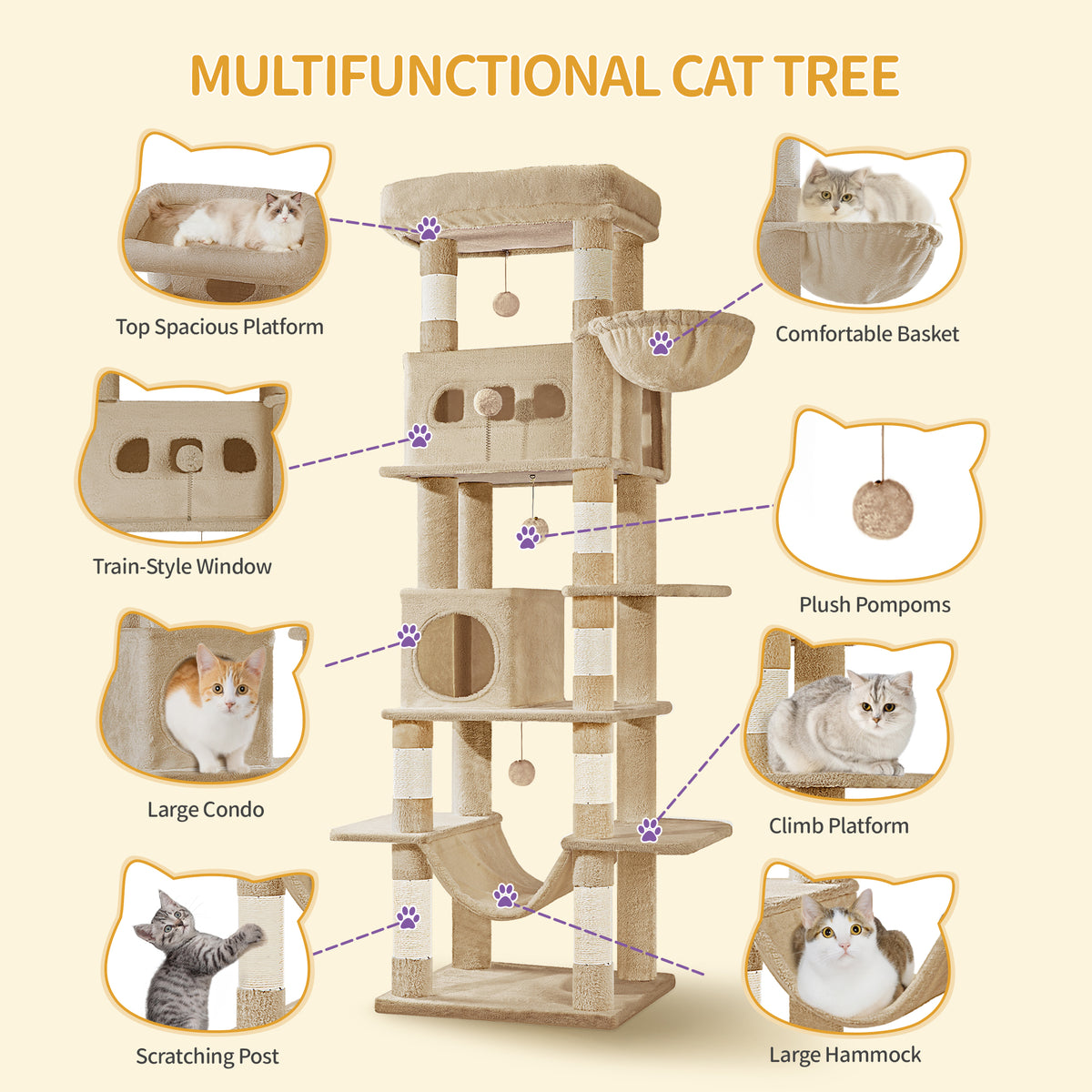 joyunite Cat Tree for Indoor Cats, 170 cm Large Tall Cat Tower, Multi-Level Cats House with Condo, 8 Scratching Posts, Hammock, 4 Pom Poms, Camel Brown MS17018LC