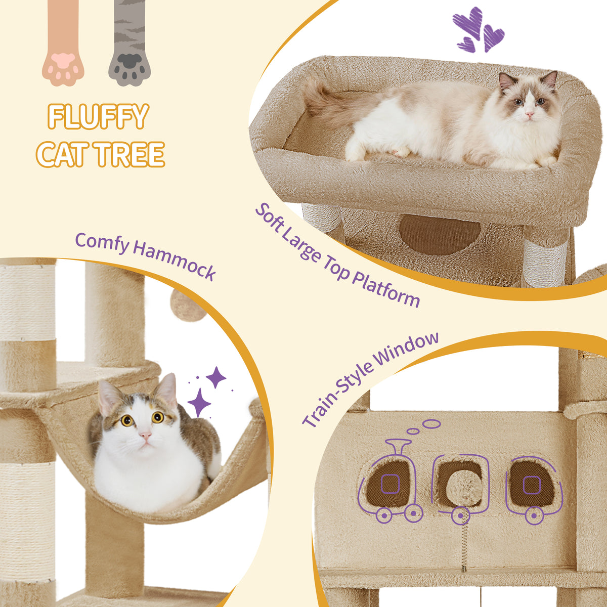 joyunite Cat Tree for Indoor Cats, 170 cm Large Tall Cat Tower, Multi-Level Cats House with Condo, 8 Scratching Posts, Hammock, 4 Pom Poms, Camel Brown MS17018LC