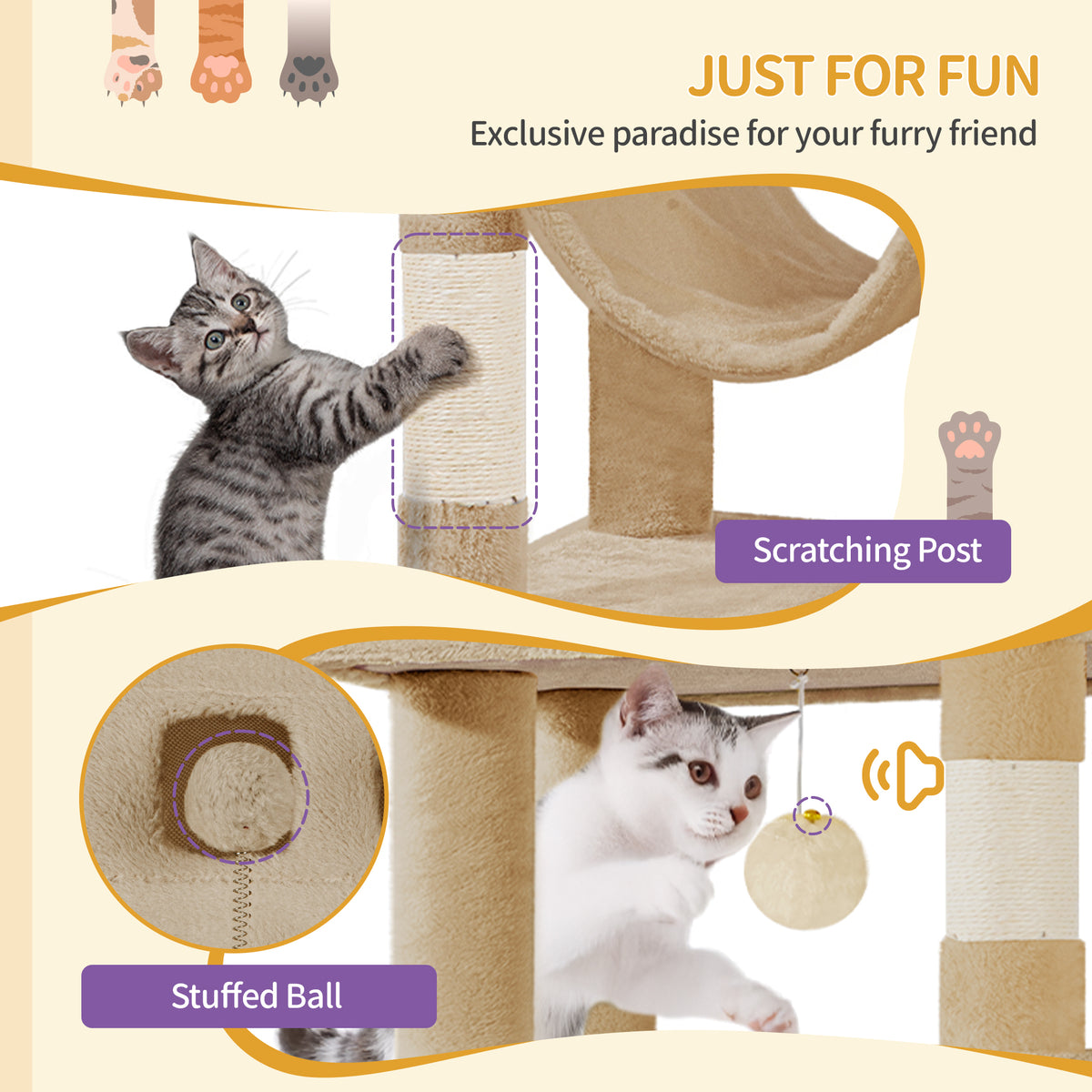 joyunite Cat Tree for Indoor Cats, 170 cm Large Tall Cat Tower, Multi-Level Cats House with Condo, 8 Scratching Posts, Hammock, 4 Pom Poms, Camel Brown MS17018LC