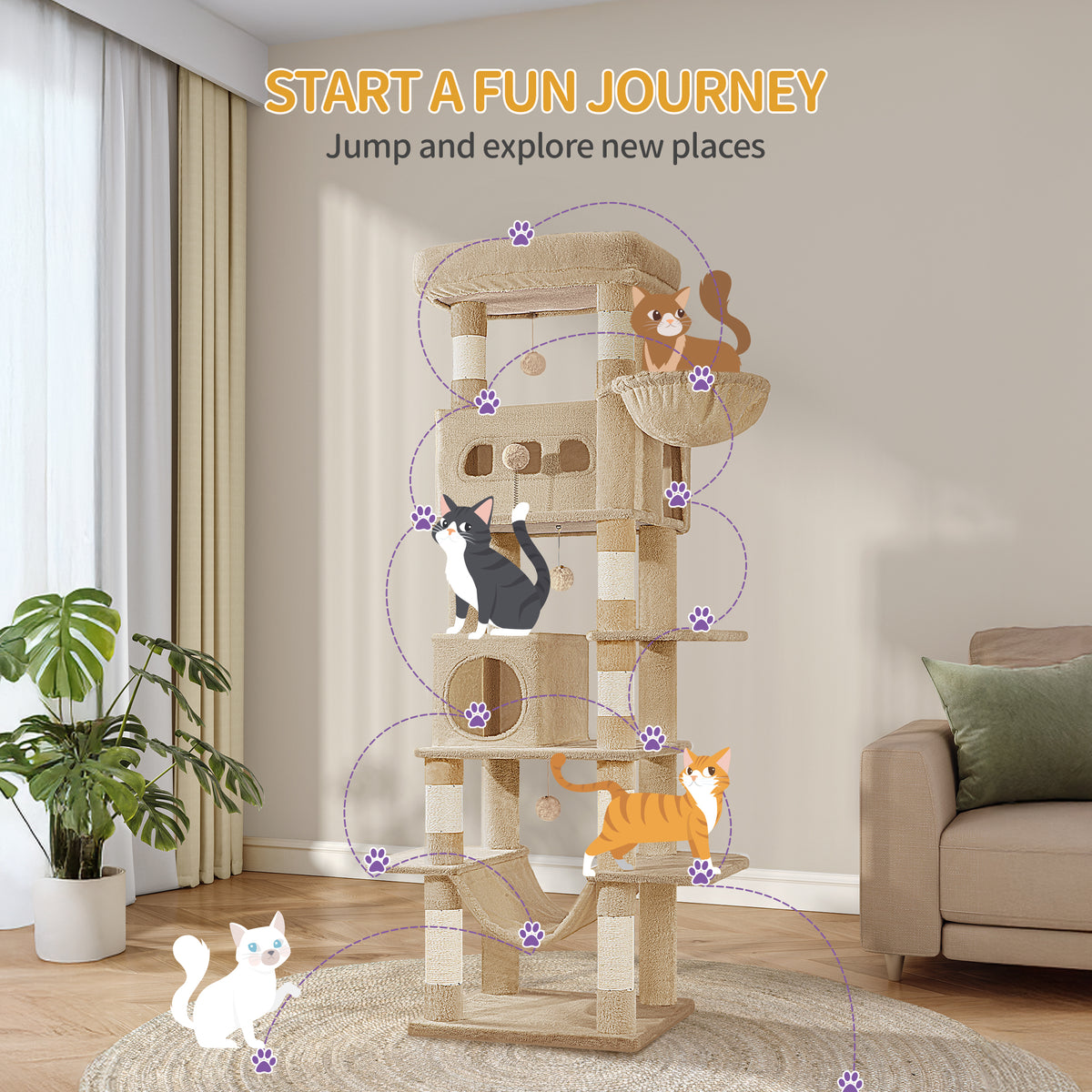 joyunite Cat Tree for Indoor Cats, 170 cm Large Tall Cat Tower, Multi-Level Cats House with Condo, 8 Scratching Posts, Hammock, 4 Pom Poms, Camel Brown MS17018LC
