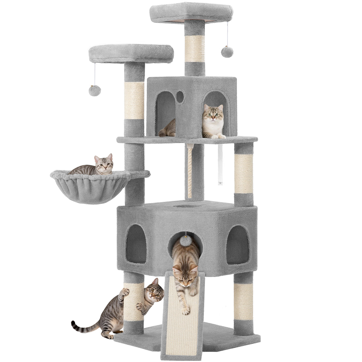 joyunite Cat Tree for Indoor Cats, 174cm Cat Tower for Large Cats, 2 Platforms, 2 Caves, 4 Sisal Posts, Scratching Board, Cat Basket, Sisal Rope, Heavy-Duty for multiple cats, Light Grey MS17418LG