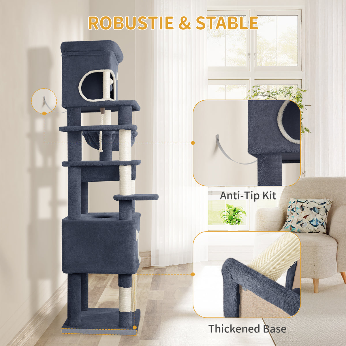 joyunite 178 cm Cat Tree for Indoor Cats, Multi-layer Scratching Post with Large Platform, 2 Caves, 7 Sisal Posts, Pompoms, Cat Basket, Hammock, Suitable for Cats, Dark Grey MS17818SG