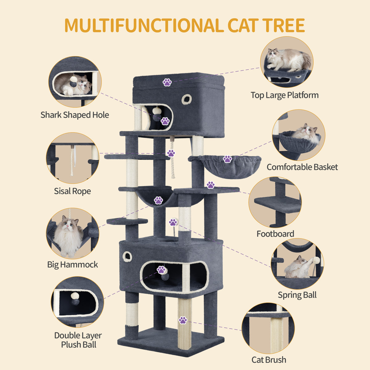 joyunite 178 cm Cat Tree for Indoor Cats, Multi-layer Scratching Post with Large Platform, 2 Caves, 7 Sisal Posts, Pompoms, Cat Basket, Hammock, Suitable for Cats, Dark Grey MS17818SG