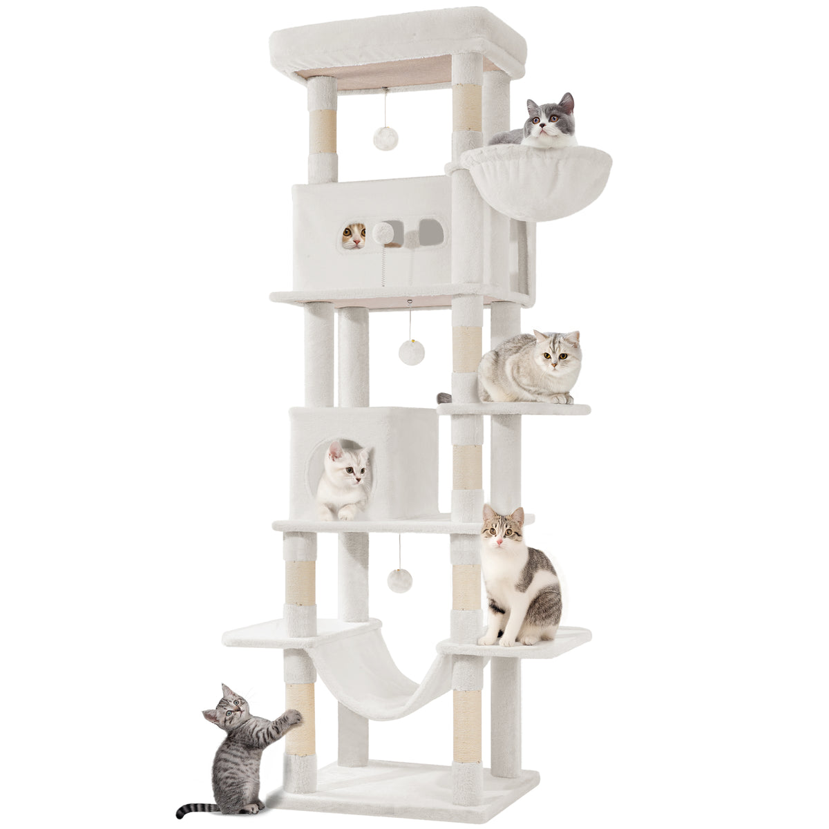 joyunite Large Cat Scratching Post, 210 cm High, with 8 Scratching Posts, 2 Caves, Large Platforms, Washable Mat, Hammock, Plush Balls, Multi-Level Cat Scratching Post, Cream White MS21018WT