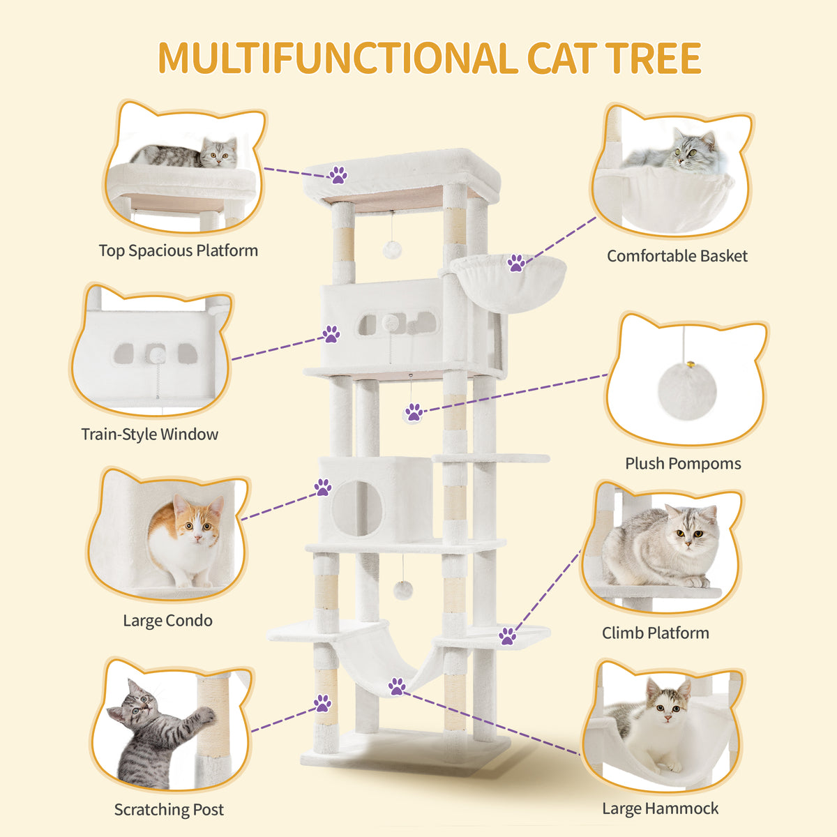 joyunite Large Cat Scratching Post, 210 cm High, with 8 Scratching Posts, 2 Caves, Large Platforms, Washable Mat, Hammock, Plush Balls, Multi-Level Cat Scratching Post, Cream White MS21018WT