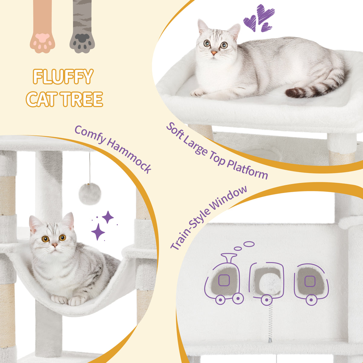 joyunite Large Cat Scratching Post, 210 cm High, with 8 Scratching Posts, 2 Caves, Large Platforms, Washable Mat, Hammock, Plush Balls, Multi-Level Cat Scratching Post, Cream White MS21018WT