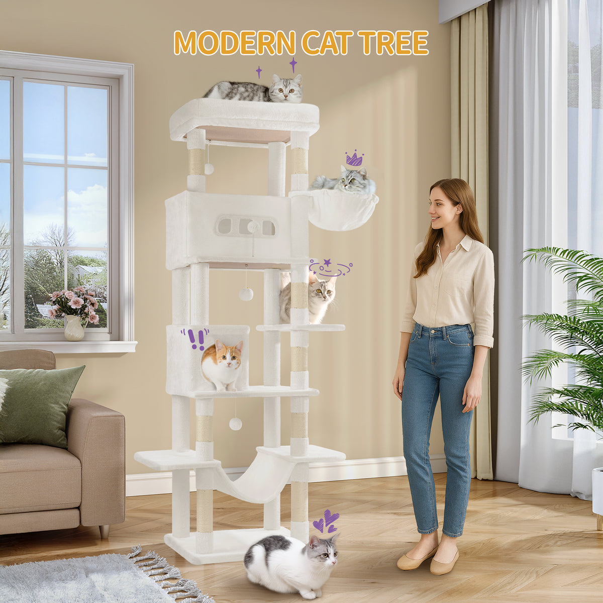 joyunite Large Cat Scratching Post, 210 cm High, with 8 Scratching Posts, 2 Caves, Large Platforms, Washable Mat, Hammock, Plush Balls, Multi-Level Cat Scratching Post, Cream White MS21018WT