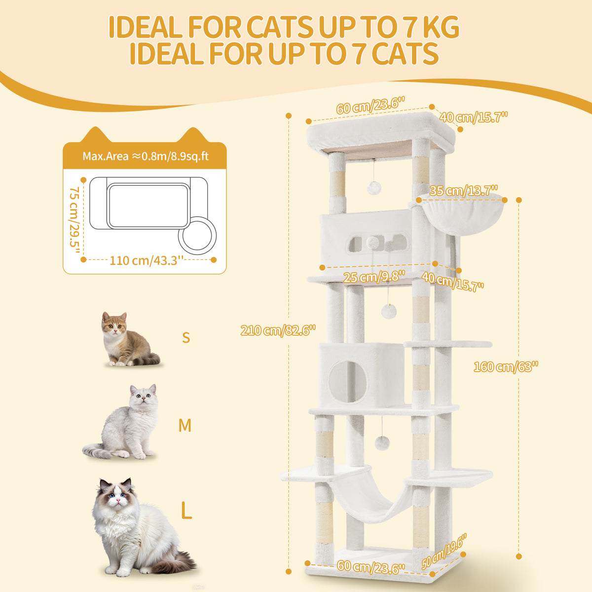 joyunite Large Cat Scratching Post, 210 cm High, with 8 Scratching Posts, 2 Caves, Large Platforms, Washable Mat, Hammock, Plush Balls, Multi-Level Cat Scratching Post, Cream White MS21018WT