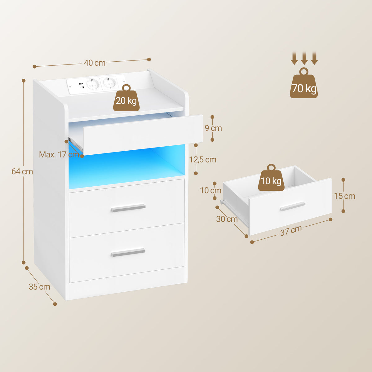 joyunite Bedside Table with Tray, Bedside Table with Charging Function & LED Lighting, 2 Drawers, Modern, for Bedroom, Living Room, 35 x 40 x 64 cm, White NS33503XEU Visit the joyunite Store
