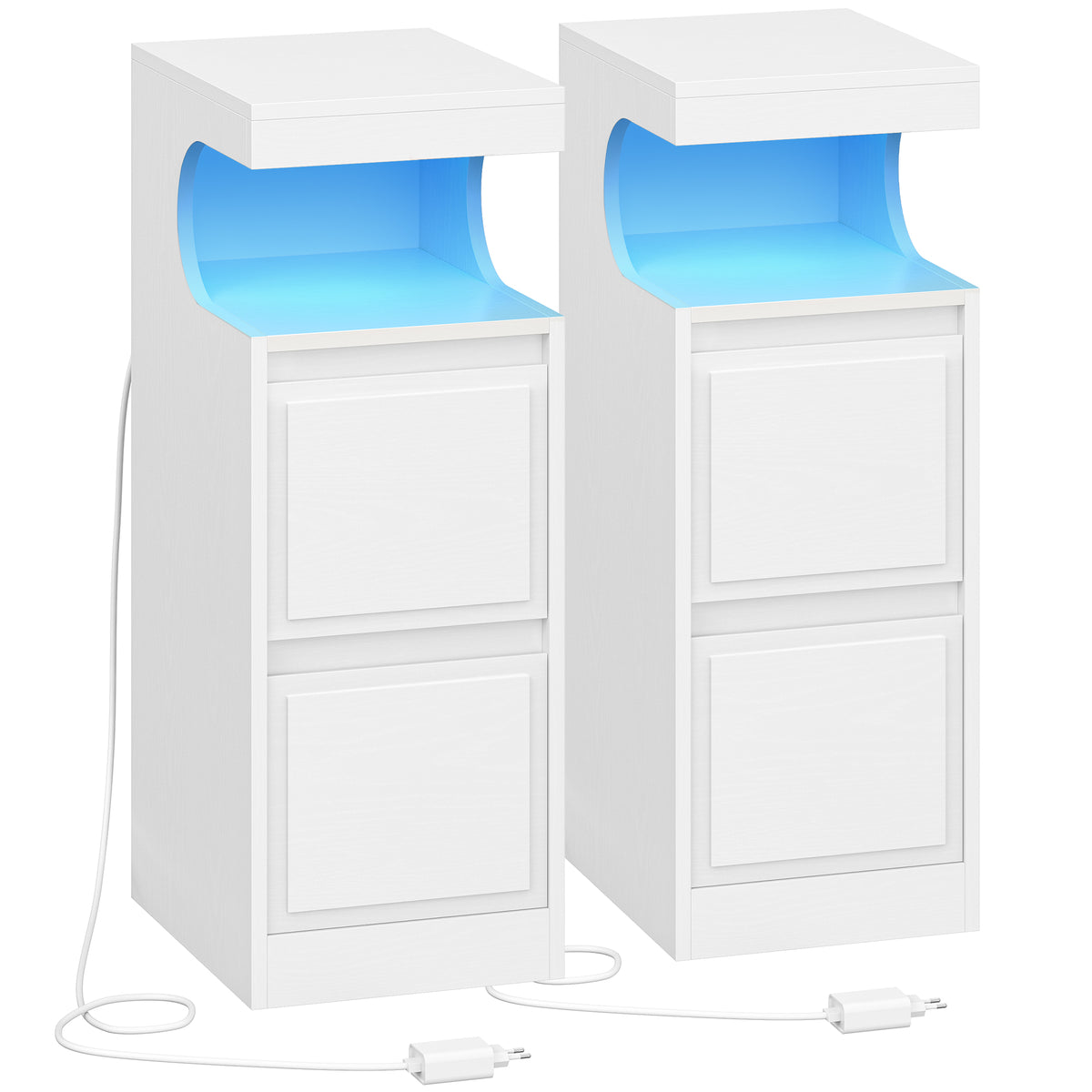joyunite Nightstand Set of 2 with LED Lighting, Side Table with 2 Drawers, Nightstands with Open Compartment, Adjustable Light, for Bedroom, Living Room, 30 x 24 x 65 cm White NS39213X
