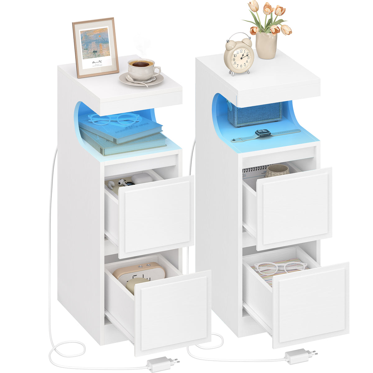 joyunite Nightstand Set of 2 with LED Lighting, Side Table with 2 Drawers, Nightstands with Open Compartment, Adjustable Light, for Bedroom, Living Room, 30 x 24 x 65 cm White NS39213X