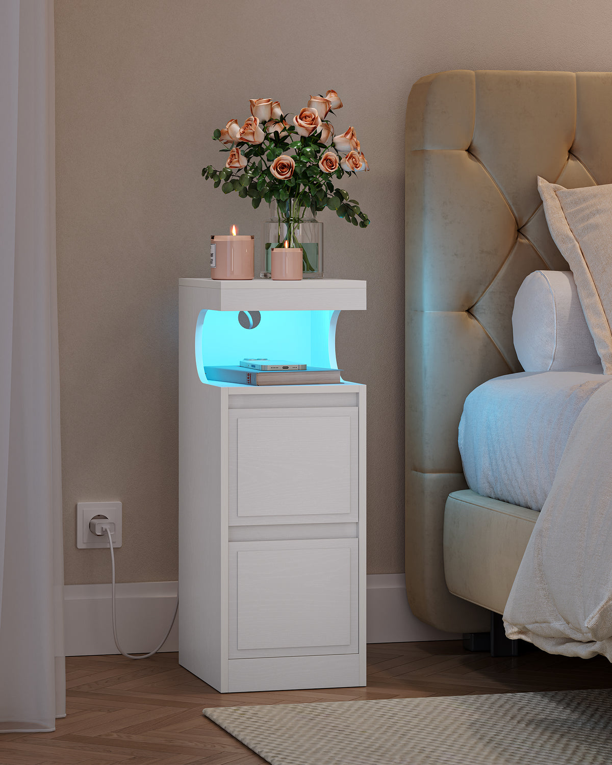 joyunite Nightstand Set of 2 with LED Lighting, Side Table with 2 Drawers, Nightstands with Open Compartment, Adjustable Light, for Bedroom, Living Room, 30 x 24 x 65 cm White NS39213X