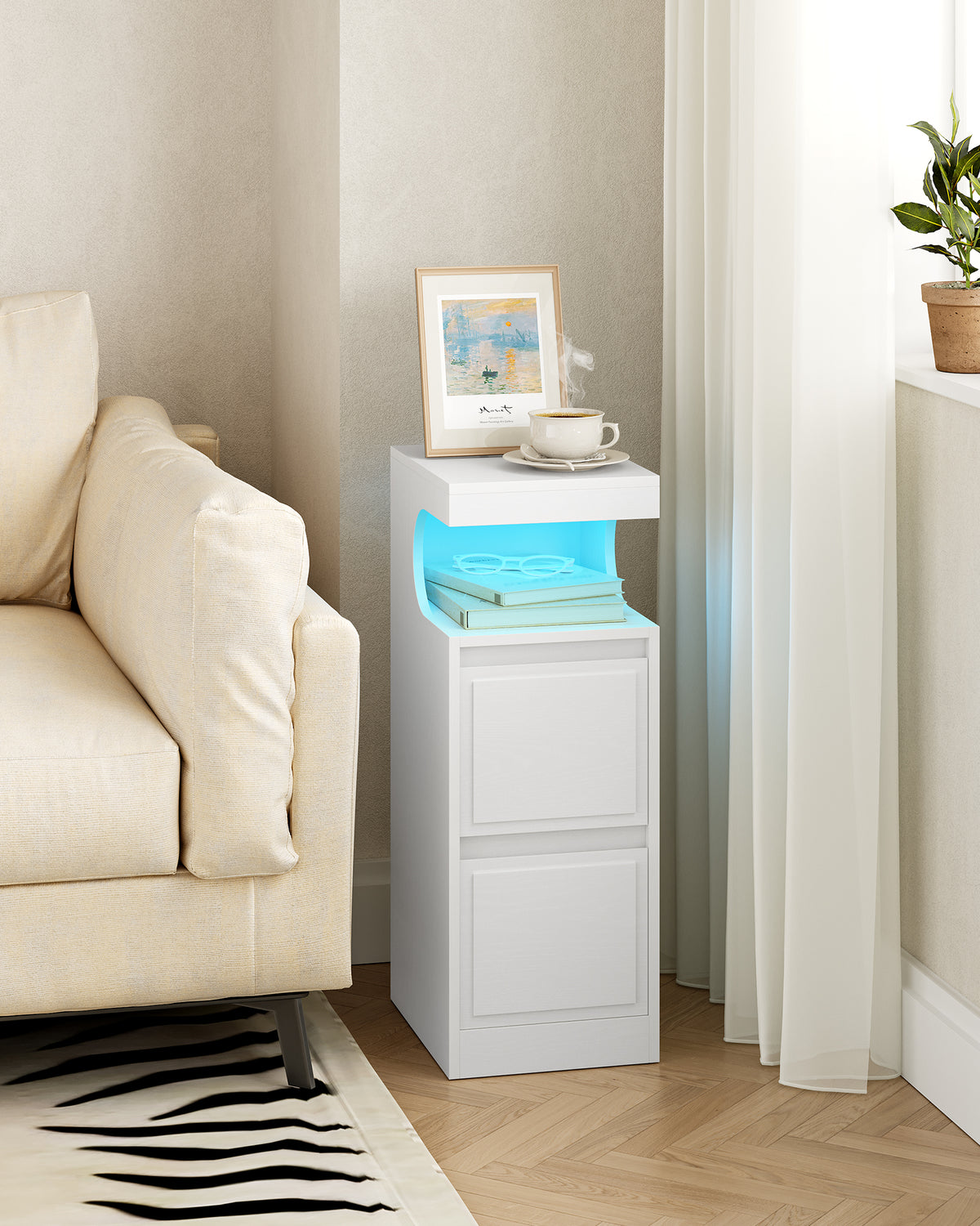 joyunite Nightstand Set of 2 with LED Lighting, Side Table with 2 Drawers, Nightstands with Open Compartment, Adjustable Light, for Bedroom, Living Room, 30 x 24 x 65 cm White NS39213X