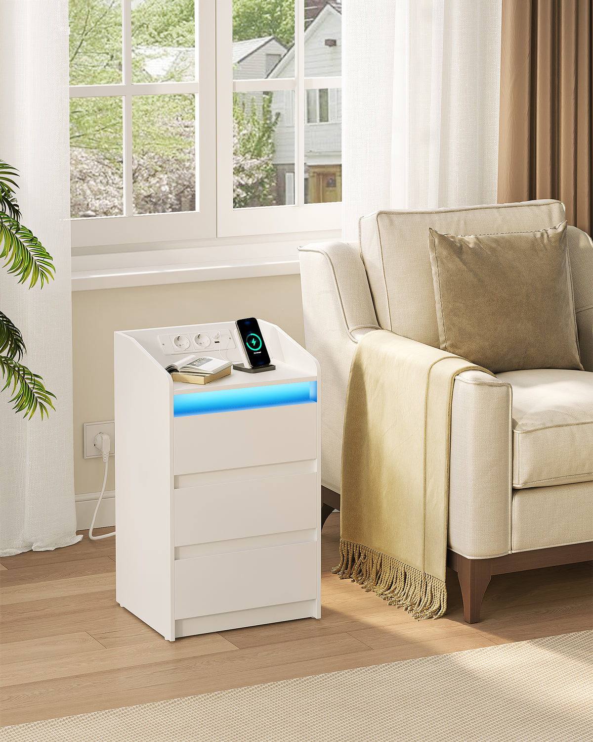 joyunite Nightstand with Charging Station & LED, 3 Drawers, 2 AC Outlets & 2 USB Ports, White