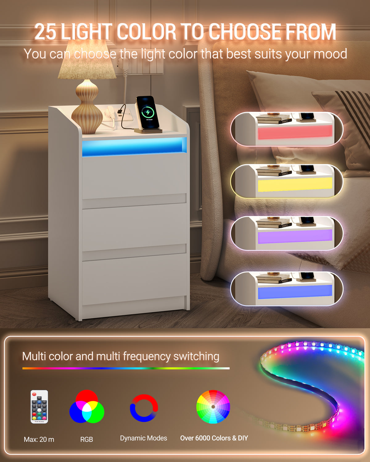 joyunite Nightstand with Charging Station & LED, 3 Drawers, 2 AC Outlets & 2 USB Ports, White