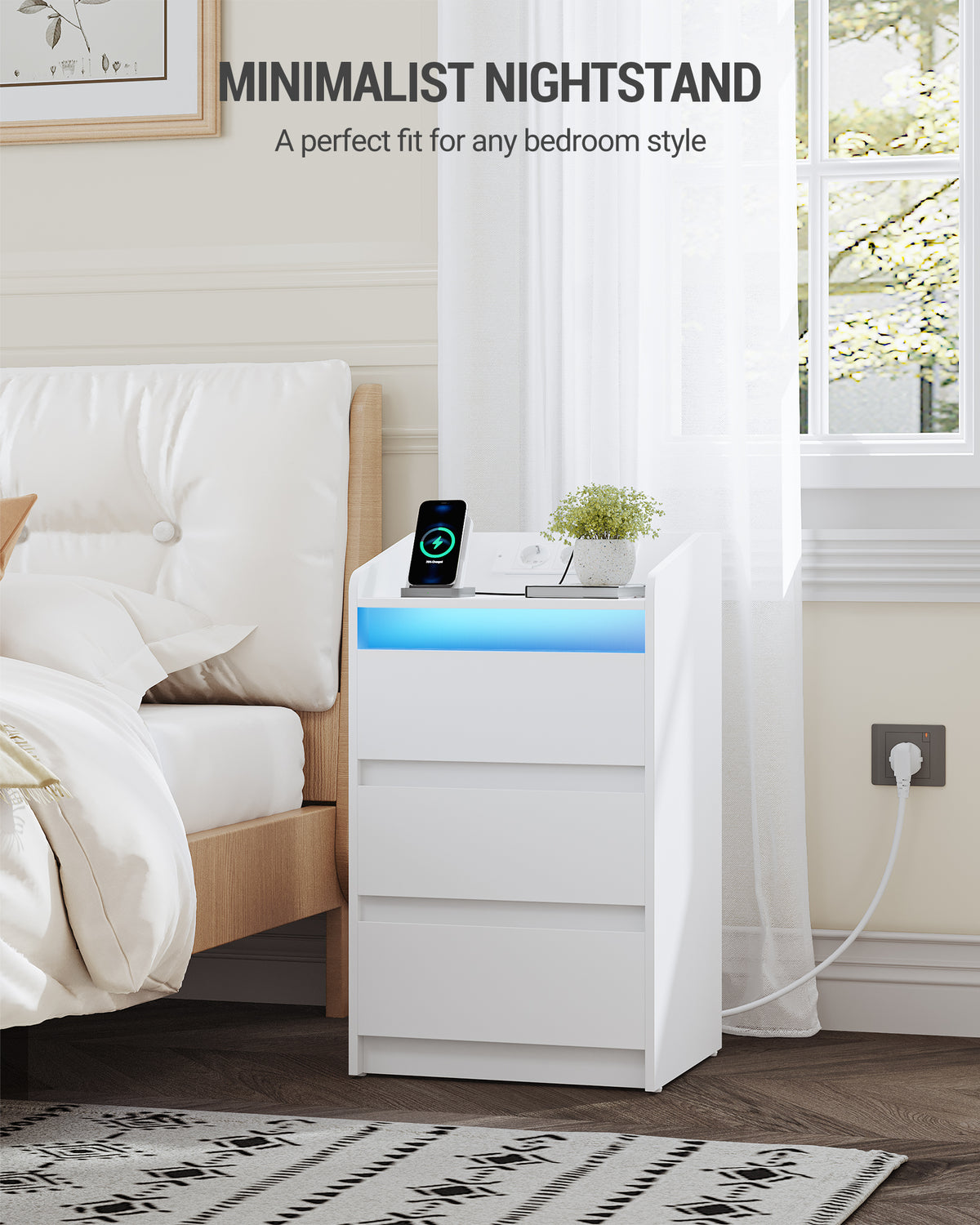 joyunite Nightstand with Charging Station & LED, 3 Drawers, 2 AC Outlets & 2 USB Ports, White