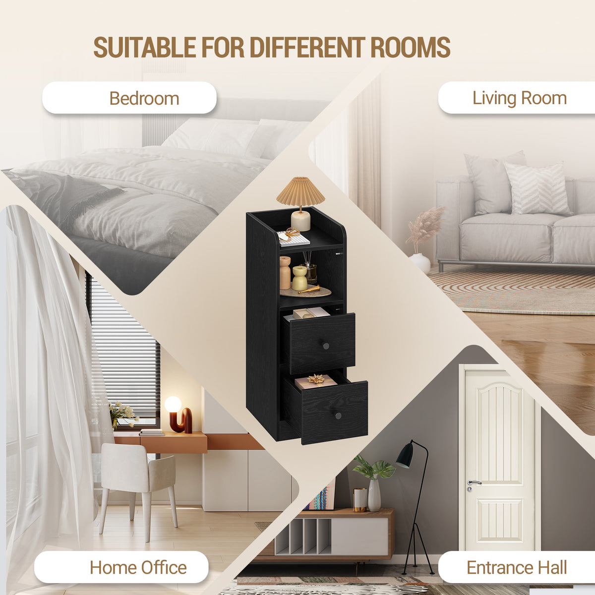 joyunite Narrow Bedside Table with 2 Drawers  NS62104X Bedside Tables with Open Compartment for Narrow Spaces Bedroom Living Room 30 x 24 x 65 cm Black