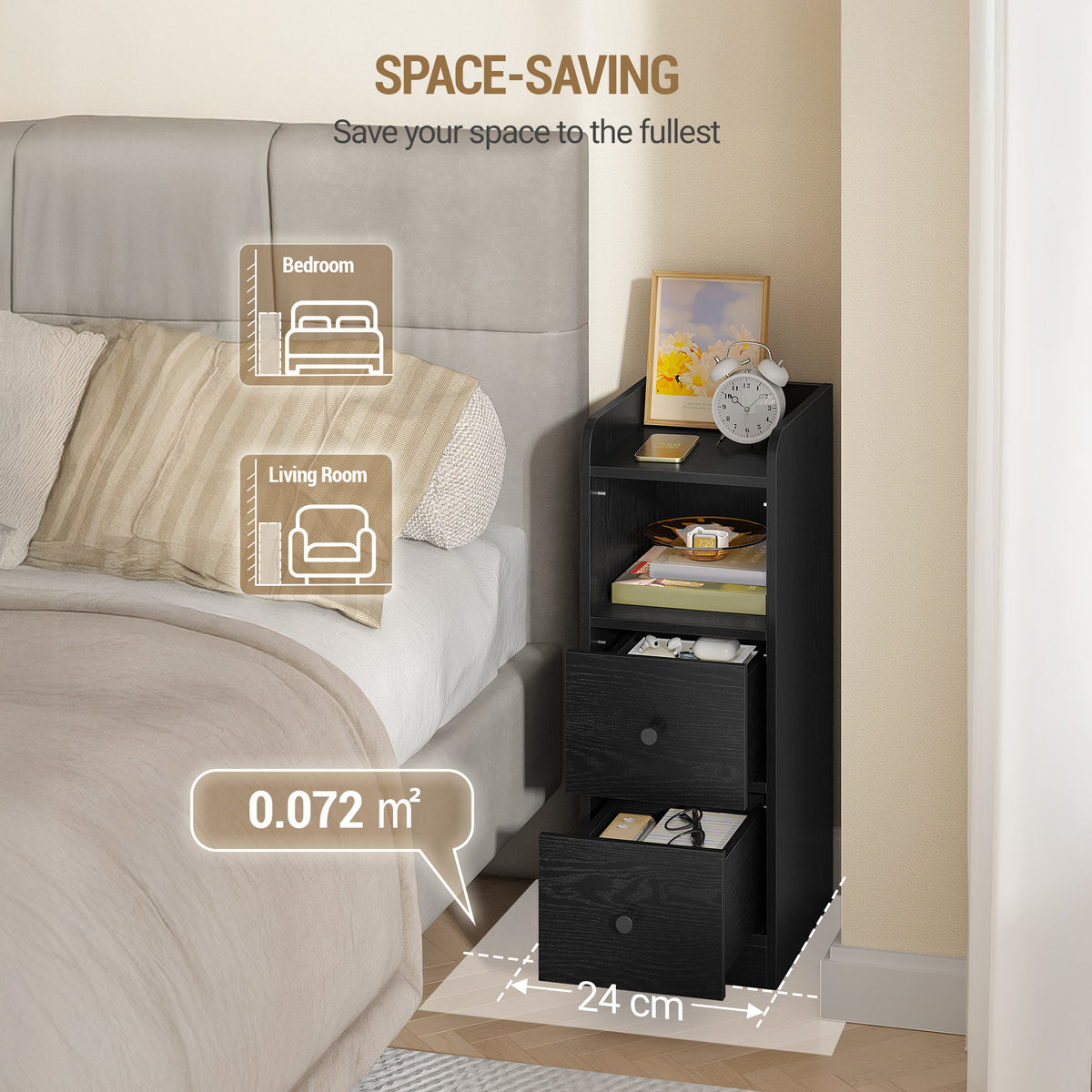 joyunite Narrow Bedside Table with 2 Drawers  NS62104X Bedside Tables with Open Compartment for Narrow Spaces Bedroom Living Room 30 x 24 x 65 cm Black