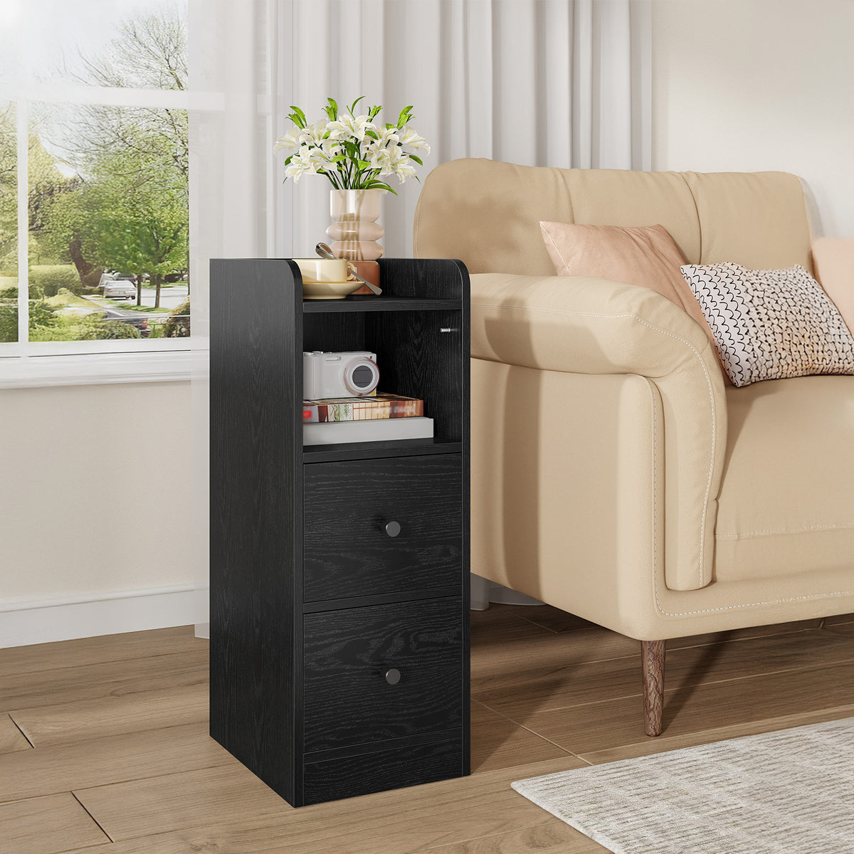 joyunite Narrow Bedside Table with 2 Drawers  NS62104X Bedside Tables with Open Compartment for Narrow Spaces Bedroom Living Room 30 x 24 x 65 cm Black