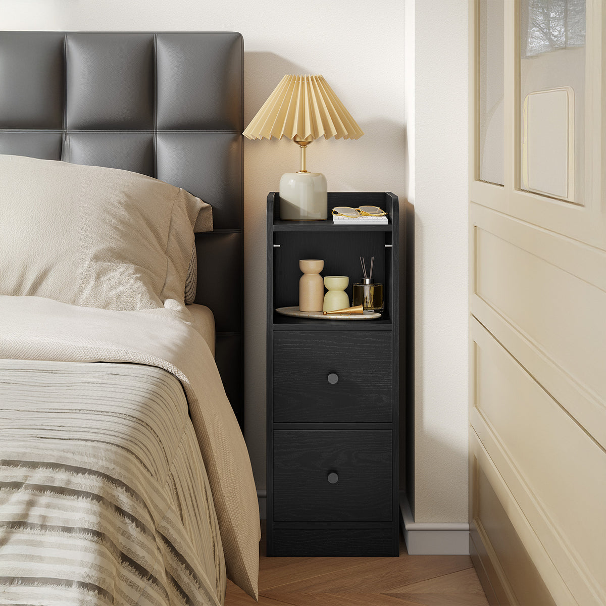joyunite Narrow Bedside Table with 2 Drawers  NS62104X Bedside Tables with Open Compartment for Narrow Spaces Bedroom Living Room 30 x 24 x 65 cm Black