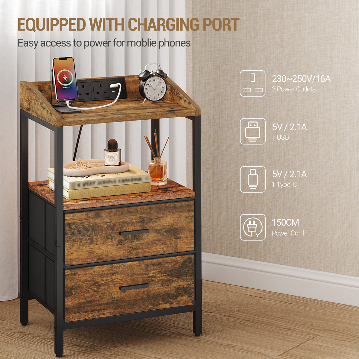 joyunite Bedside Tables Set of 2 with LED Lights and Charging Station, Bedside Cabinet with 2 Fabric Storage Drawers, Nightstand with USB Ports & TypeC for Bedroom, Livingroom, Rustic Brown NS36201B