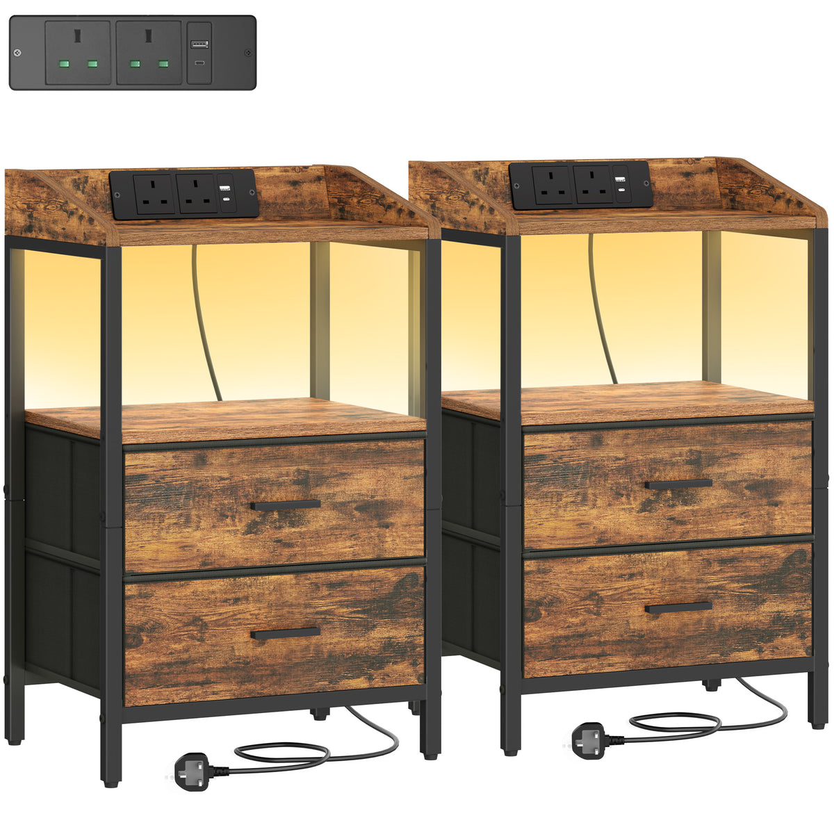 joyunite Bedside Tables Set of 2 with LED Lights and Charging Station, Bedside Cabinet with 2 Fabric Storage Drawers, Nightstand with USB Ports & TypeC for Bedroom, Livingroom, Rustic Brown NS36201B