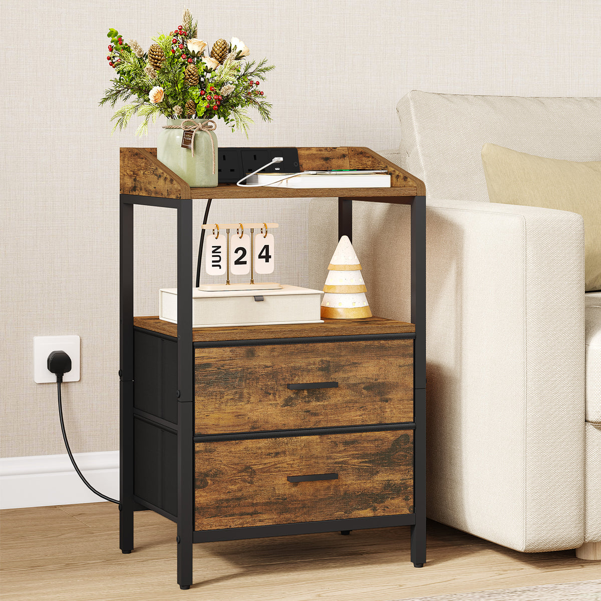 joyunite Bedside Tables Set of 2 with LED Lights and Charging Station, Bedside Cabinet with 2 Fabric Storage Drawers, Nightstand with USB Ports & TypeC for Bedroom, Livingroom, Rustic Brown NS36201B