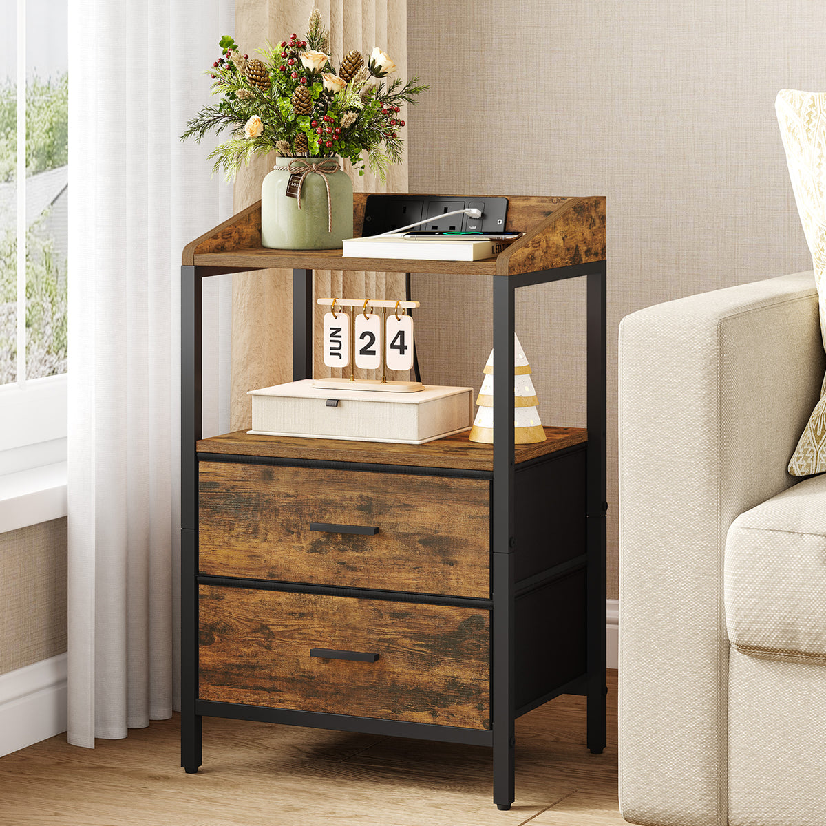 joyunite Bedside Tables Set of 2 with LED Lights and Charging Station, Bedside Cabinet with 2 Fabric Storage Drawers, Nightstand with USB Ports & TypeC for Bedroom, Livingroom, Rustic Brown NS36201B