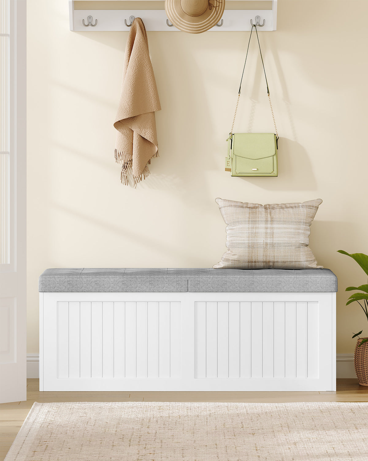 joyunite Storage Chest, 109cm, Shoe Storage Bench with Seat, Large-capacity with Three Compartments, Blanket Box for Entryway, Living Room, Hallway, 40 x 109 x 44.5 cm, White-Grey SB01903GY