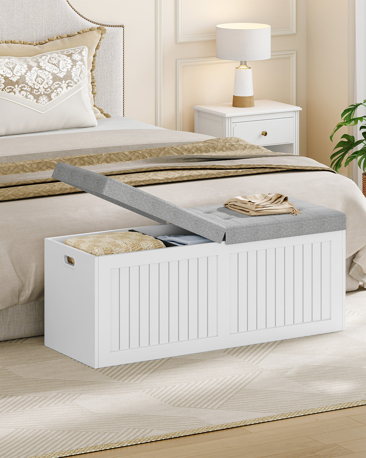 joyunite Storage Chest, 109cm, Shoe Storage Bench with Seat, Large-capacity with Three Compartments, Blanket Box for Entryway, Living Room, Hallway, 40 x 109 x 44.5 cm, White-Grey SB01903GY