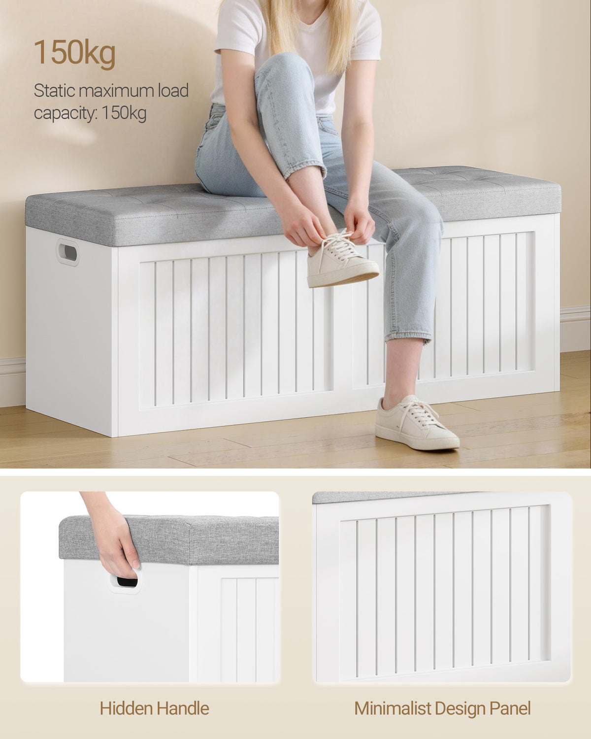 joyunite Storage Chest, 109cm, Shoe Storage Bench with Seat, Large-capacity with Three Compartments, Blanket Box for Entryway, Living Room, Hallway, 40 x 109 x 44.5 cm, White-Grey SB01903GY