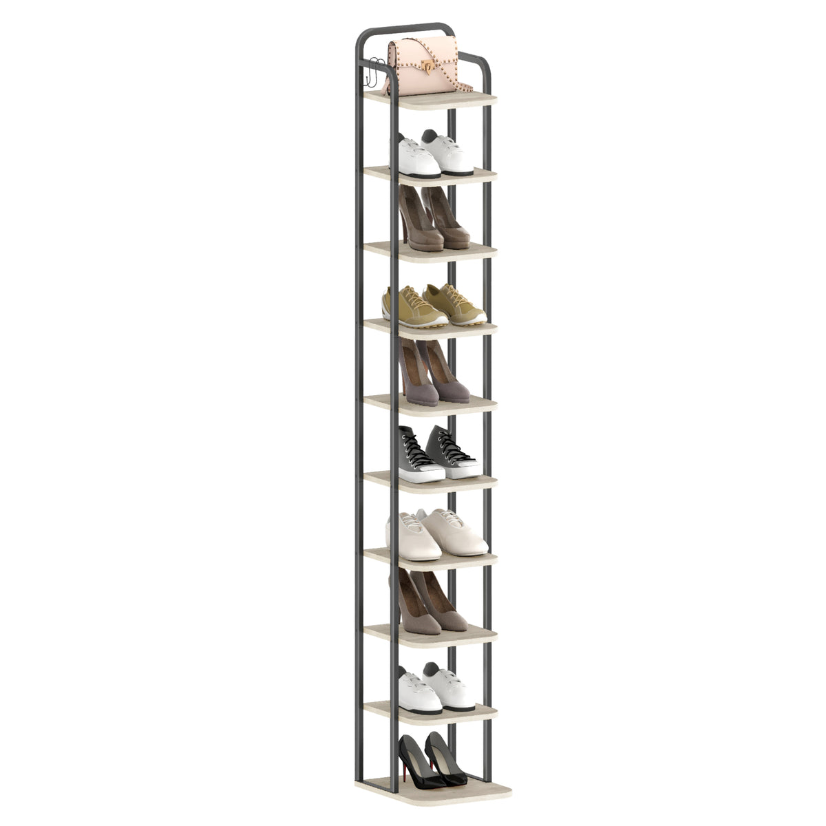 joyunite 10-Tier Vertical Shoe Rack, Narrow Shoe Tower, High Shoe Rack with 2 Hooks, Adjustable Shelf, Small Space, Corner Shoe Rack, Entrance Passage, Living Room Greige SR11205B