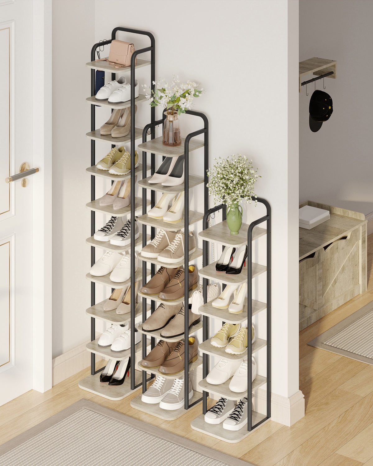 joyunite 10-Tier Vertical Shoe Rack, Narrow Shoe Tower, High Shoe Rack with 2 Hooks, Adjustable Shelf, Small Space, Corner Shoe Rack, Entrance Passage, Living Room Greige SR11205B