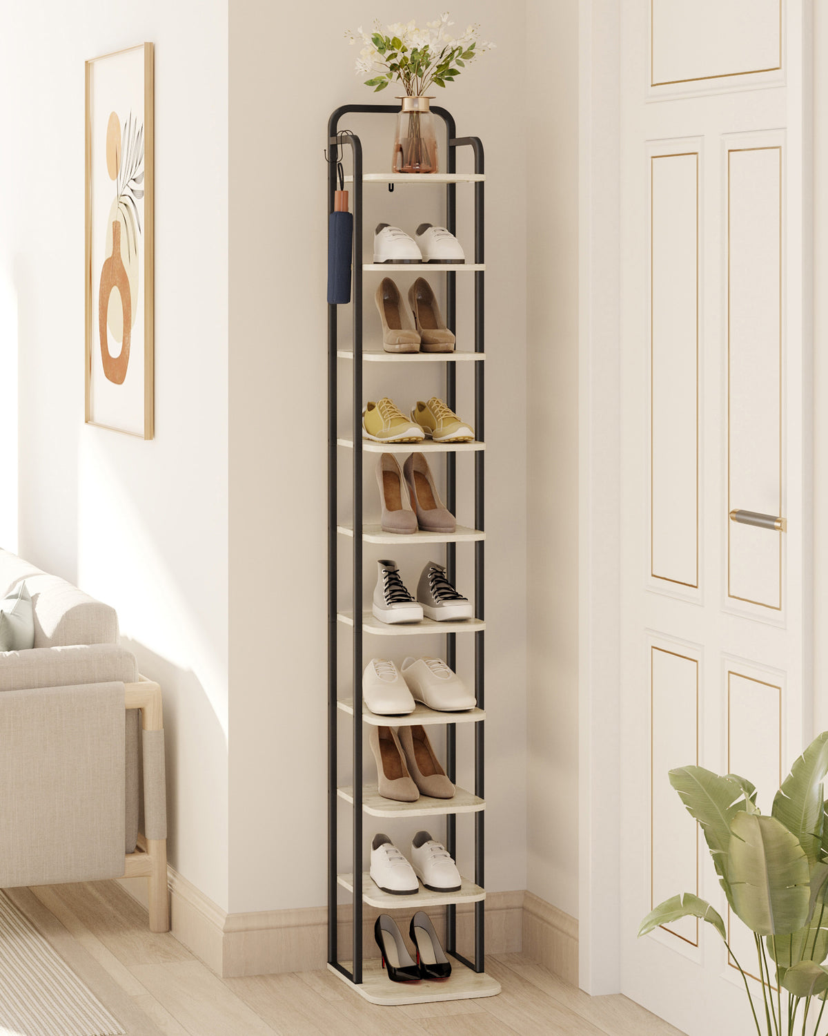 joyunite 10-Tier Vertical Shoe Rack, Narrow Shoe Tower, High Shoe Rack with 2 Hooks, Adjustable Shelf, Small Space, Corner Shoe Rack, Entrance Passage, Living Room Greige SR11205B