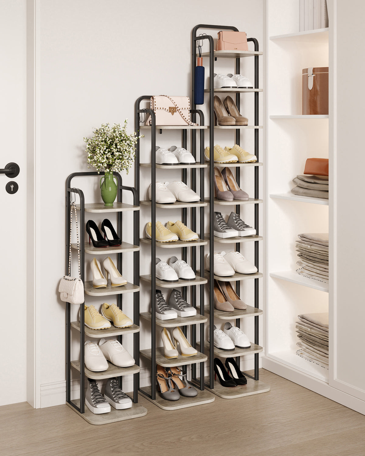 joyunite 10-Tier Vertical Shoe Rack, Narrow Shoe Tower, High Shoe Rack with 2 Hooks, Adjustable Shelf, Small Space, Corner Shoe Rack, Entrance Passage, Living Room Greige SR11205B