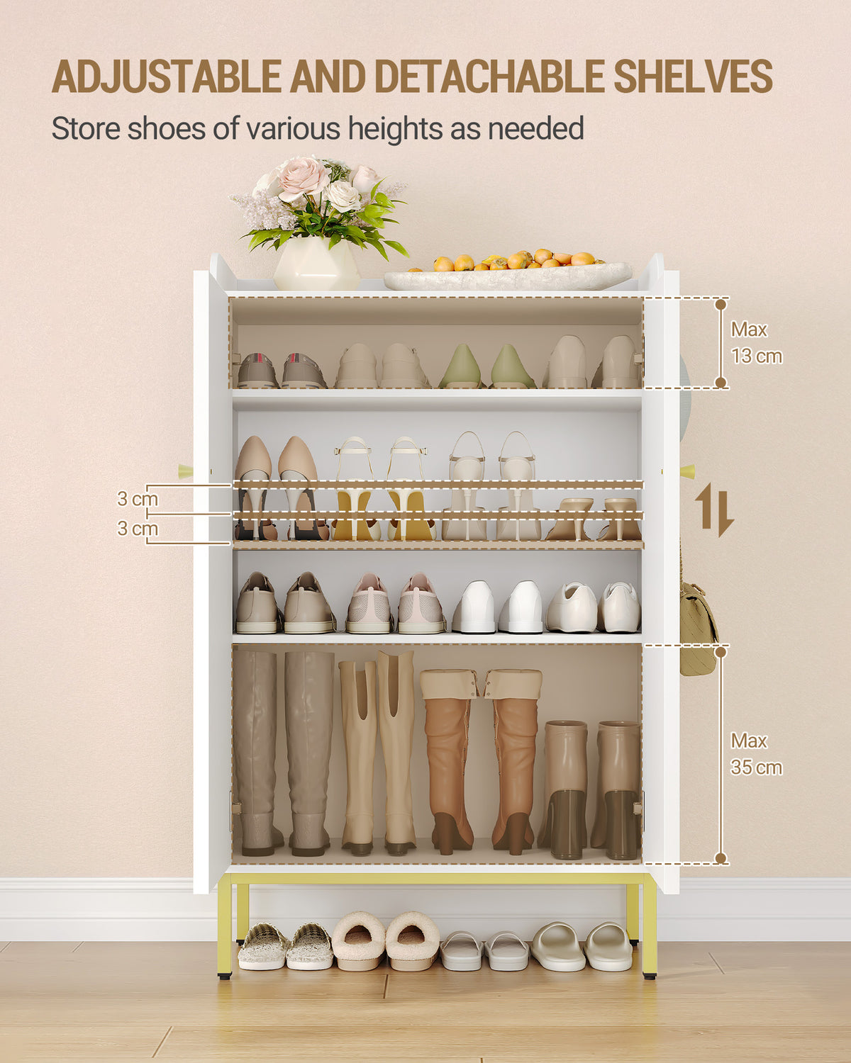 joyunite Shoe Cabinet, Shoe Chest with 5 Levels, Adjustable Shelves, 16-20 Pairs, Gold Handle, Freestanding Shoe Cabinet for Entrance, Hallway, Wardrobe, 36 × 74 × 115 cm, White SR67803A