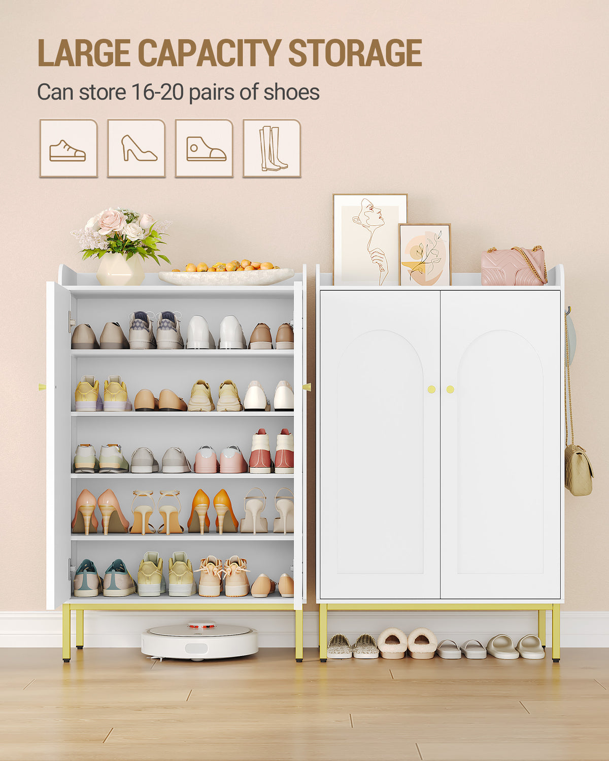 joyunite Shoe Cabinet, Shoe Chest with 5 Levels, Adjustable Shelves, 16-20 Pairs, Gold Handle, Freestanding Shoe Cabinet for Entrance, Hallway, Wardrobe, 36 × 74 × 115 cm, White SR67803A