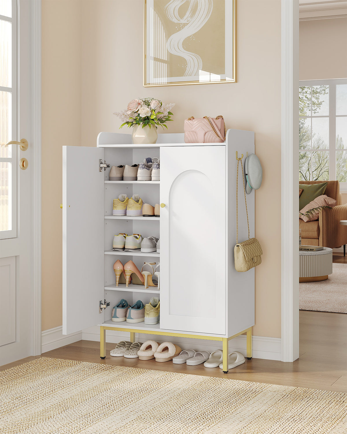joyunite Shoe Cabinet, Shoe Chest with 5 Levels, Adjustable Shelves, 16-20 Pairs, Gold Handle, Freestanding Shoe Cabinet for Entrance, Hallway, Wardrobe, 36 × 74 × 115 cm, White SR67803A