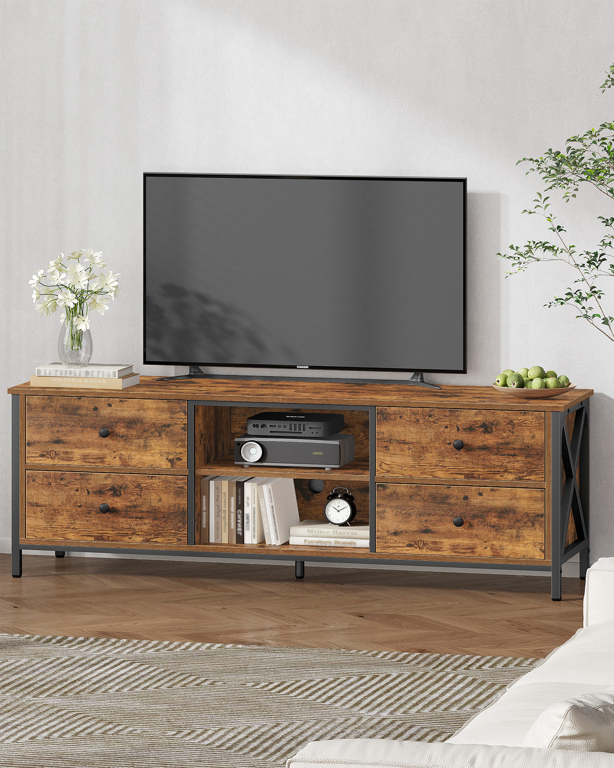 joyunite TV cabinet with 4 drawers, TV stand for TVs under 65 inches, with 2 open compartments, 40 x 147 x 50 cm, TV cabinet for living room, bedroom, vintage brown-black TV16801B