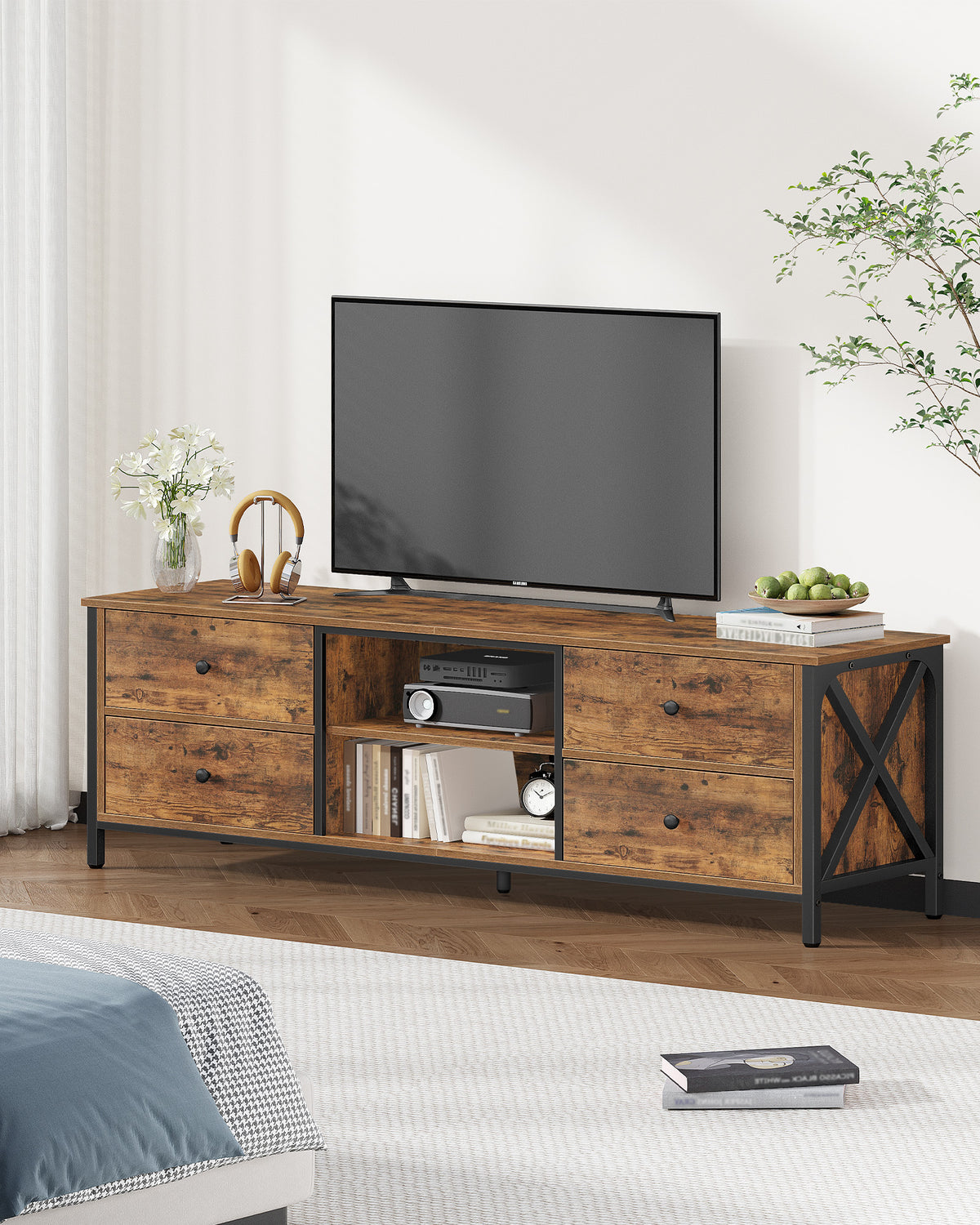 joyunite TV cabinet with 4 drawers, TV stand for TVs under 65 inches, with 2 open compartments, 40 x 147 x 50 cm, TV cabinet for living room, bedroom, vintage brown-black TV16801B