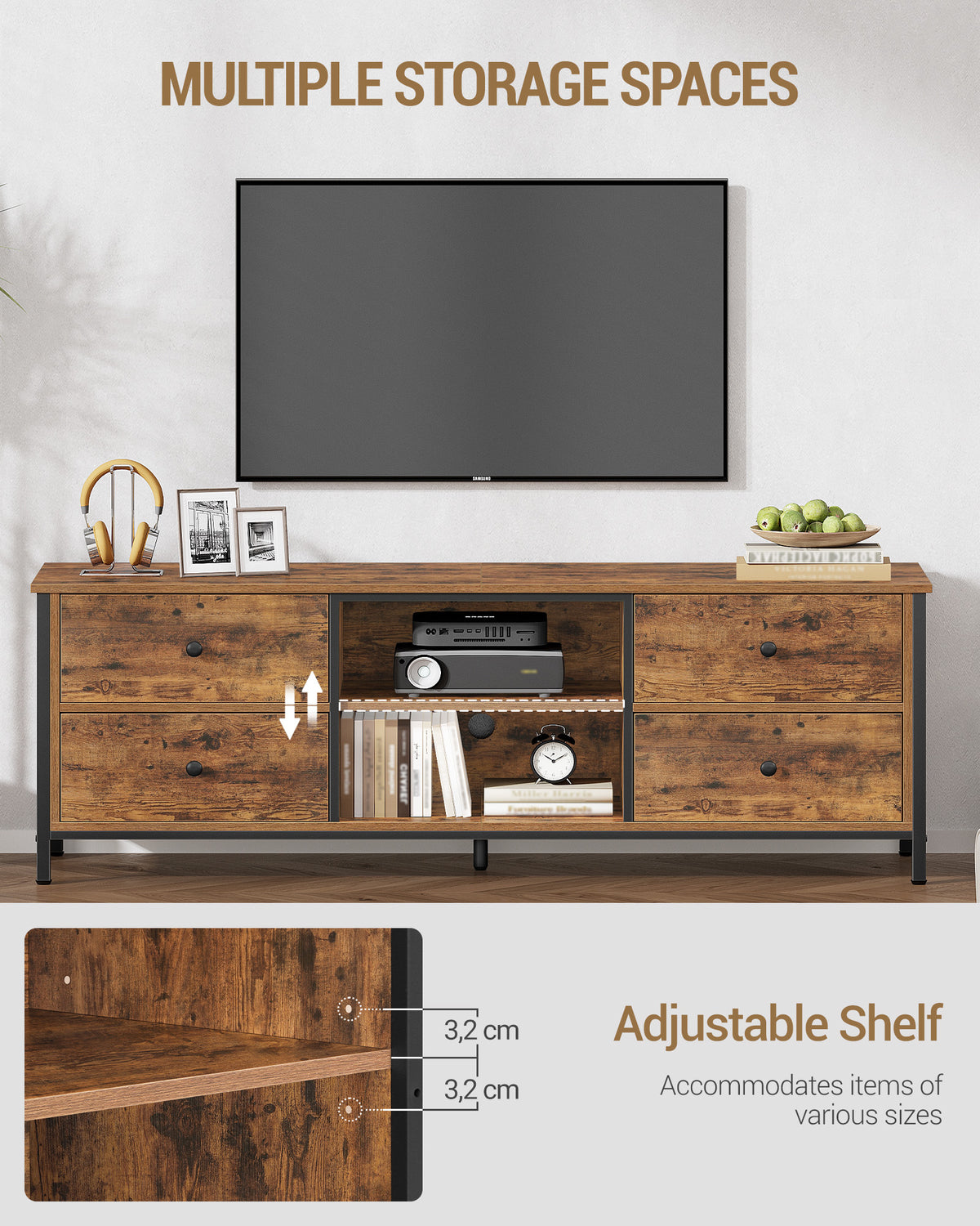 joyunite TV cabinet with 4 drawers, TV stand for TVs under 65 inches, with 2 open compartments, 40 x 147 x 50 cm, TV cabinet for living room, bedroom, vintage brown-black TV16801B
