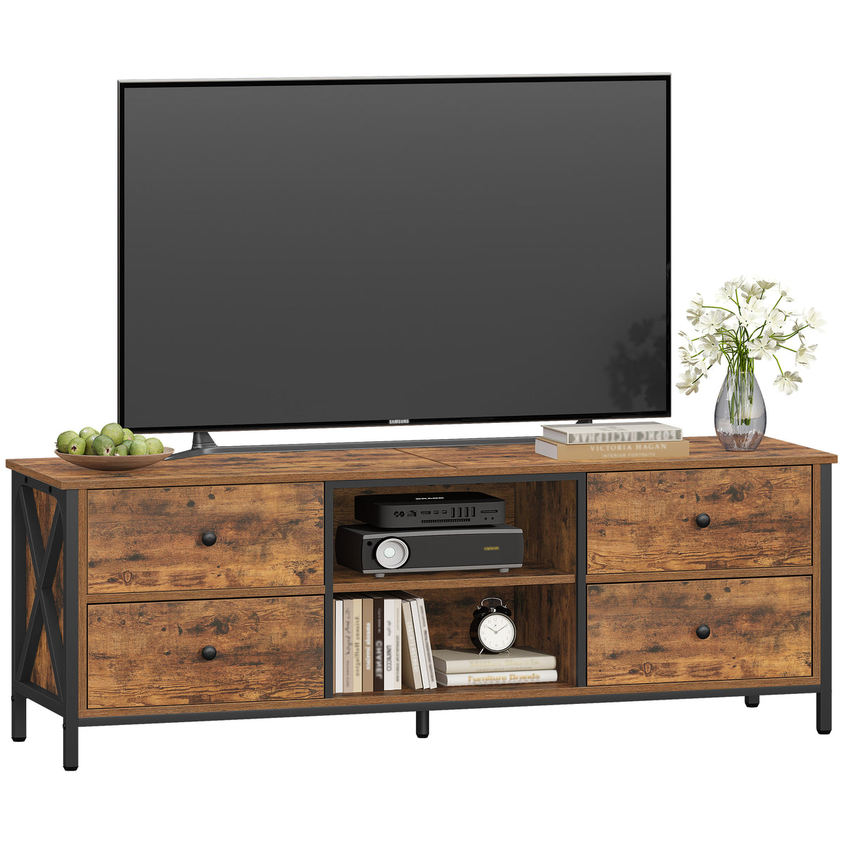 joyunite TV cabinet with 4 drawers, TV stand for TVs under 65 inches, with 2 open compartments, 40 x 147 x 50 cm, TV cabinet for living room, bedroom, vintage brown-black TV16801B