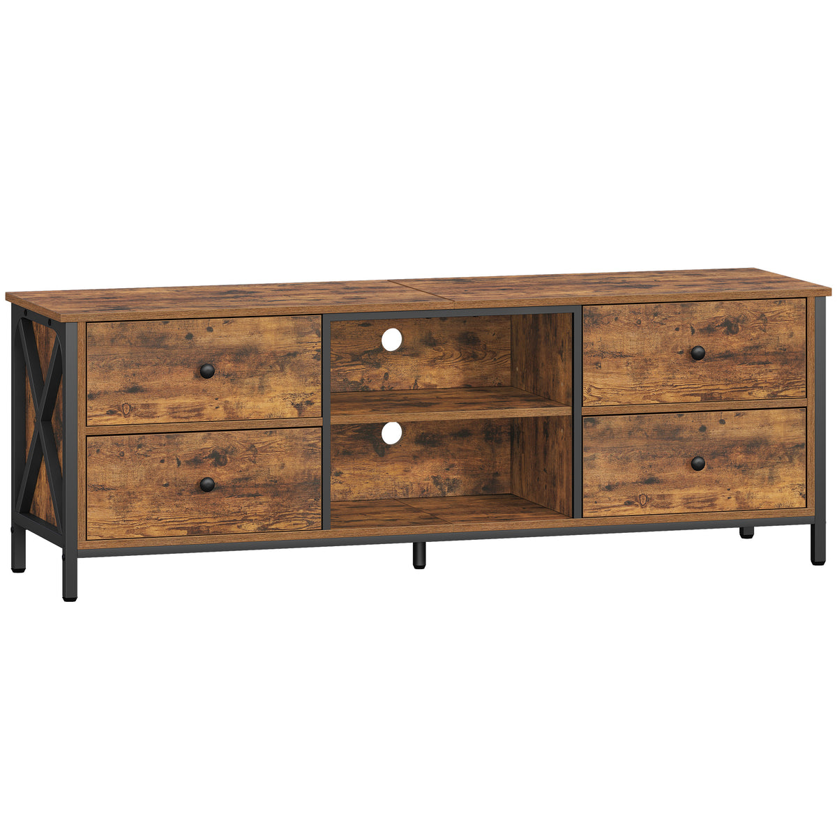 joyunite TV cabinet with 4 drawers, TV stand for TVs under 65 inches, with 2 open compartments, 40 x 147 x 50 cm, TV cabinet for living room, bedroom, vintage brown-black TV16801B